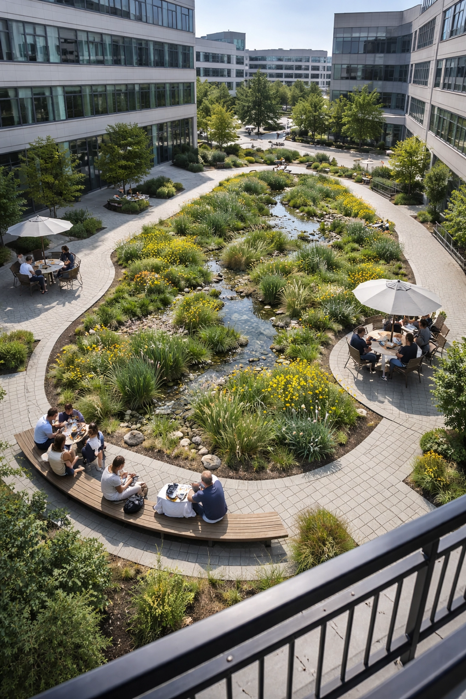 Aerial view of an urban courtyard with green infrastructure, showing a bioretention garden and permeable walkways used as amenity space.