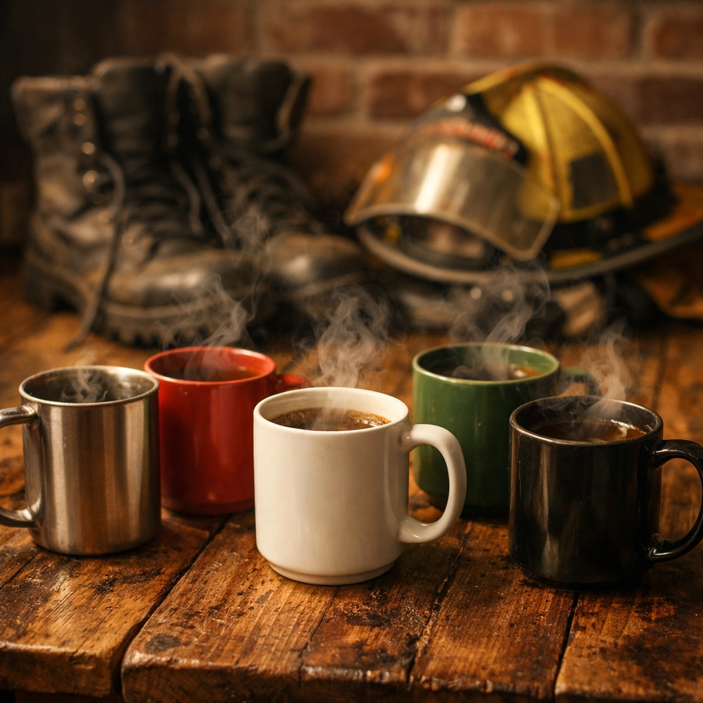 Coffee mugs for first responders and veterans, illustrating Peacemaker's community impact.