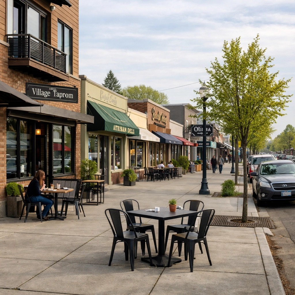 Watson Avenue dining corridor in downtown Beaverton Oregon with independent restaurant storefronts