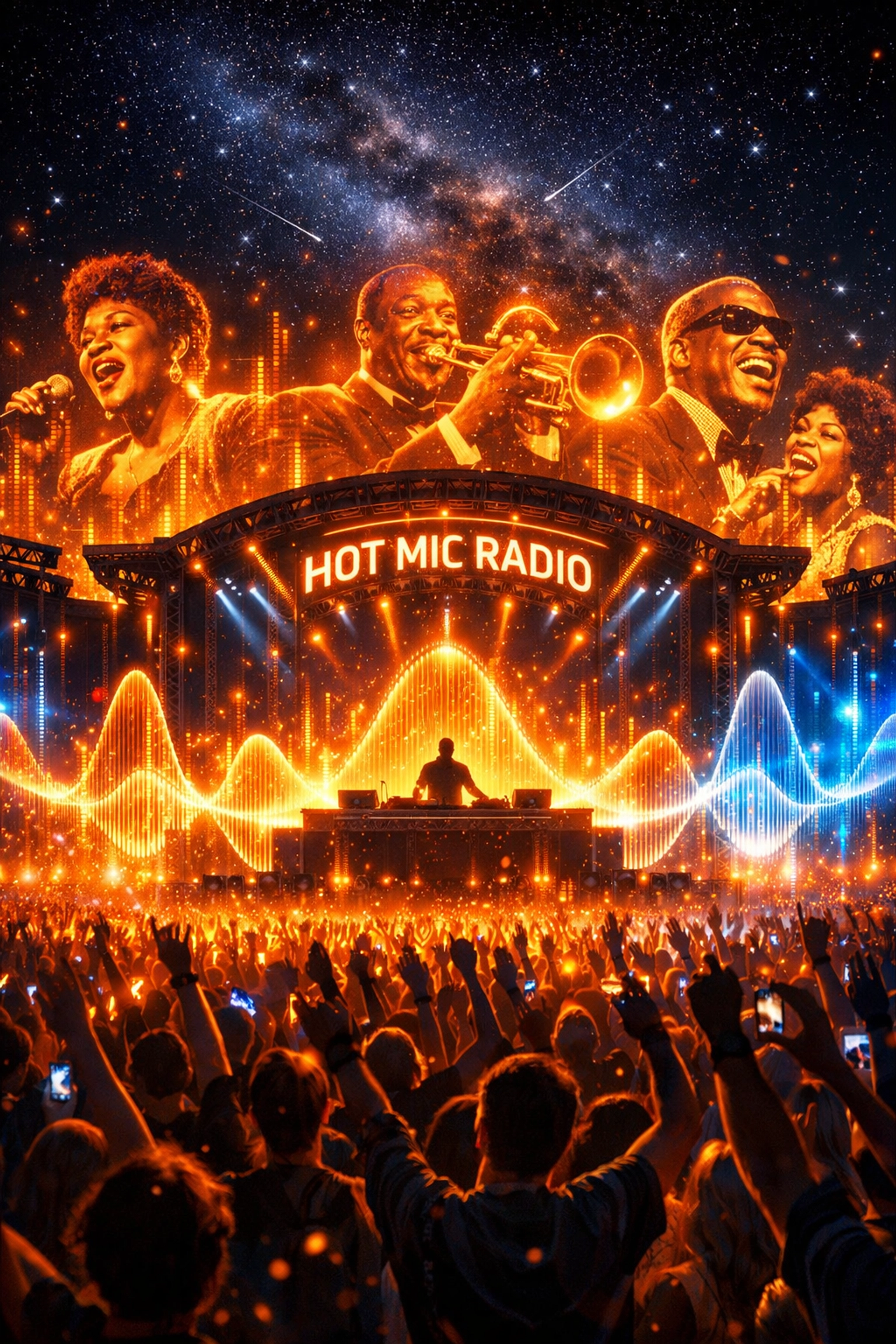 DJ performing at a futuristic outdoor concert with holographic legends blending history and technology.