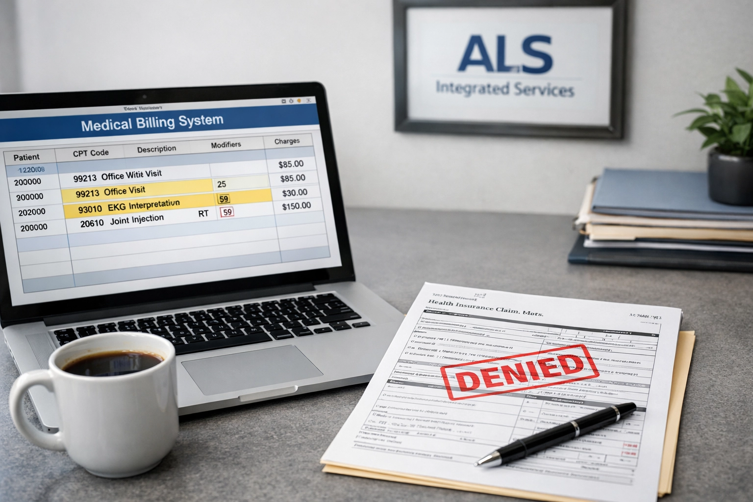 Medical billing specialist reviewing CPT codes and denied insurance claim on desk