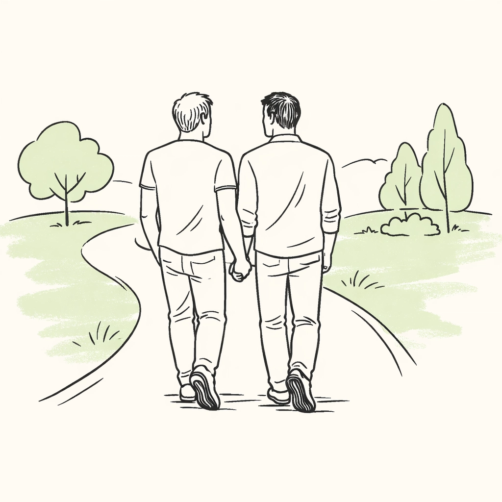 Minimalist sketch of an MM couple walking together toward a fresh start and living authentically.