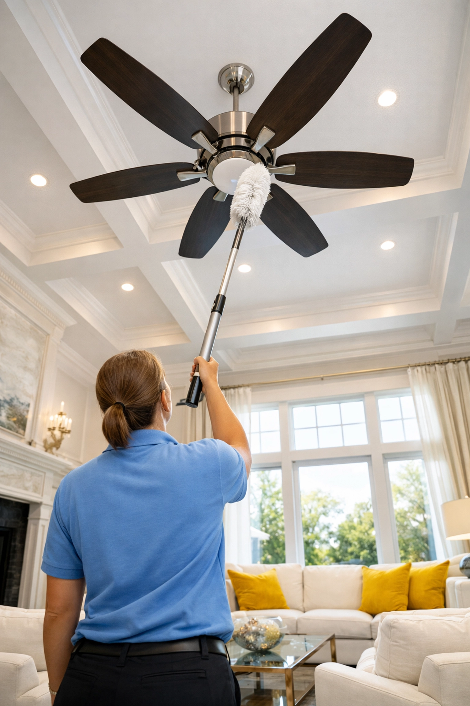 The Cleaning Ninjas Inc dusting a ceiling fan in a bright Pepperell MA living room for deep house cleaning.