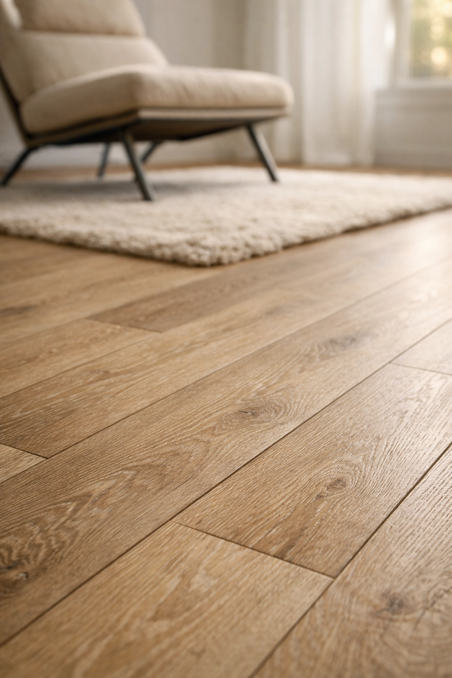 Detailed view of luxury vinyl plank flooring with a realistic oak wood grain in a modern home.