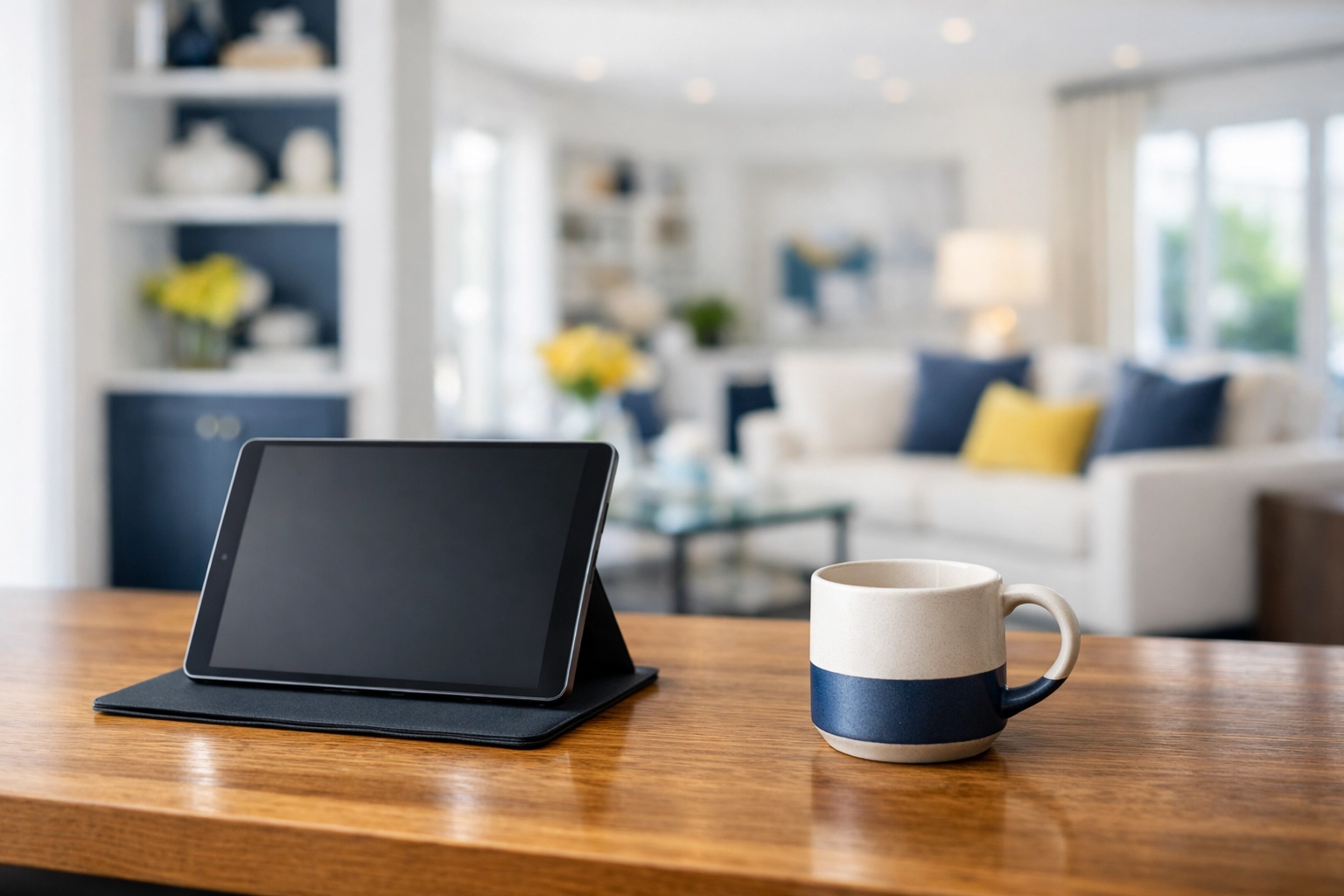 Organized luxury home office and clean living room in Wellesley, showcasing professional maintenance.