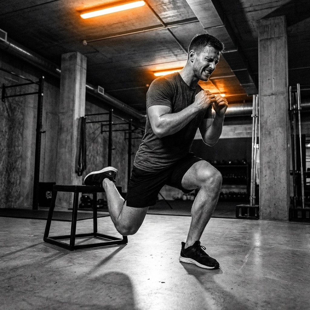 Male athlete doing a Bulgarian split squat in a gym, highlighting single-leg strength essential for runners.