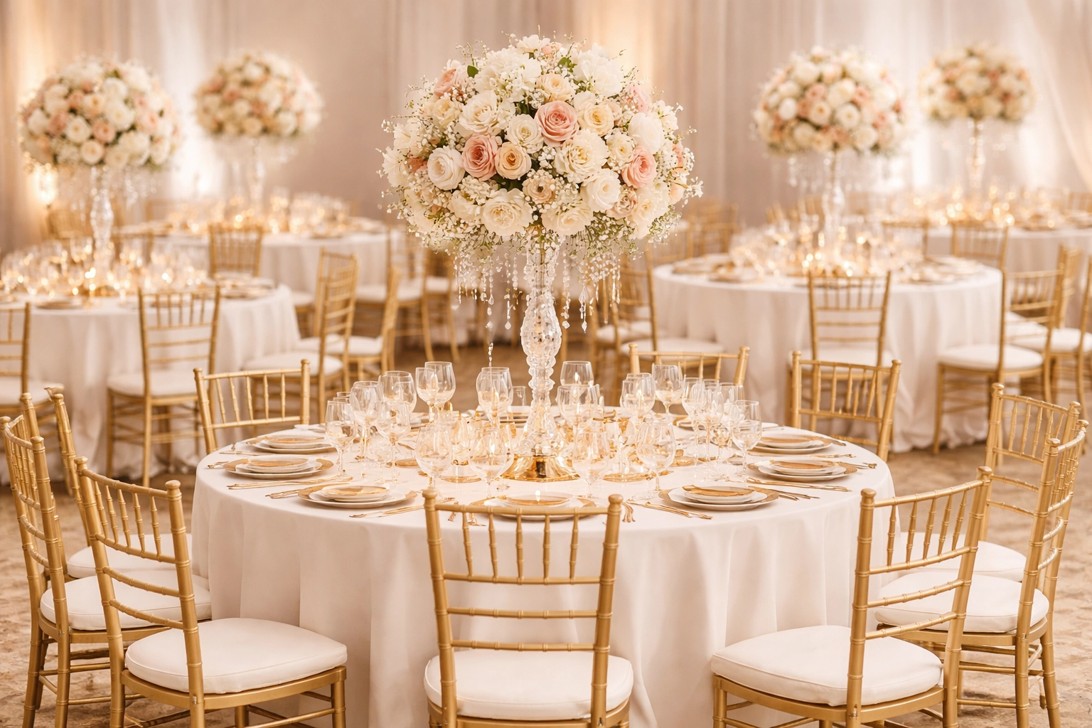 Corporate gala with elegant gold Chiavari chairs and round tables in a modern ballroom setting