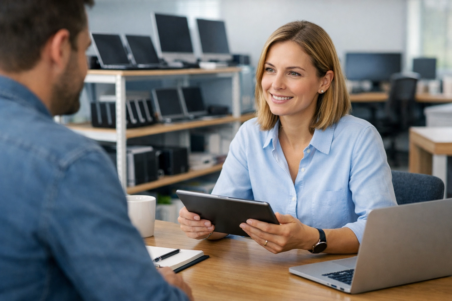 IT asset manager discussing software optimization and ITAM strategies in a modern office setting.