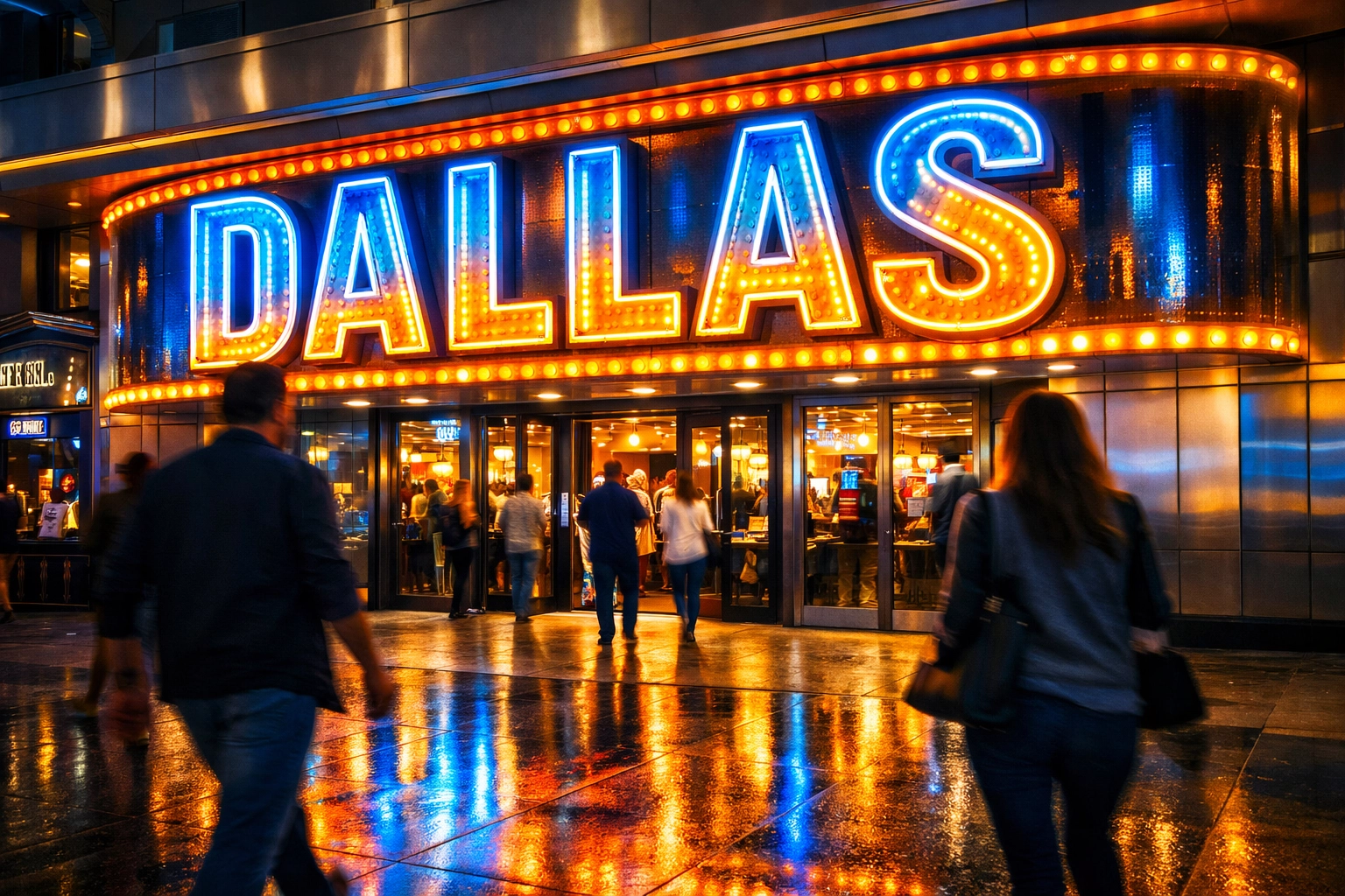 Vibrant custom-manufactured LED signs illuminating a Dallas street to increase customer foot traffic.