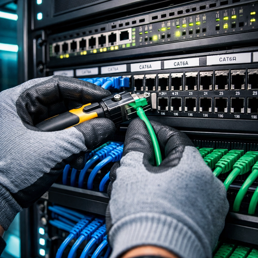 Professional technician installing Cat6A structured cabling in enterprise network rack