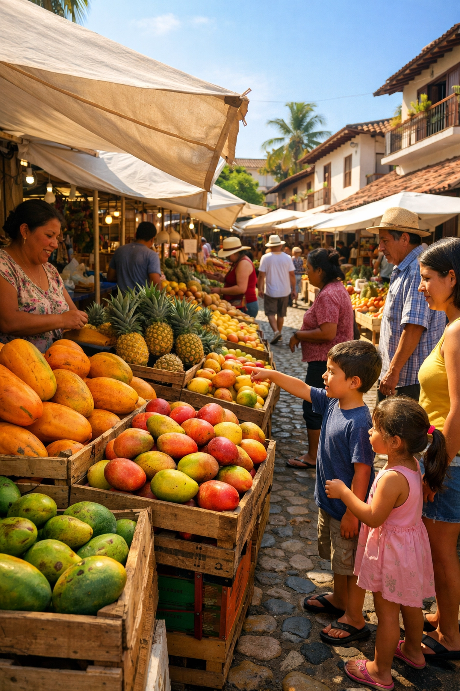 Local families shopping at Puerto Vallarta street market with fresh tropical fruit displays