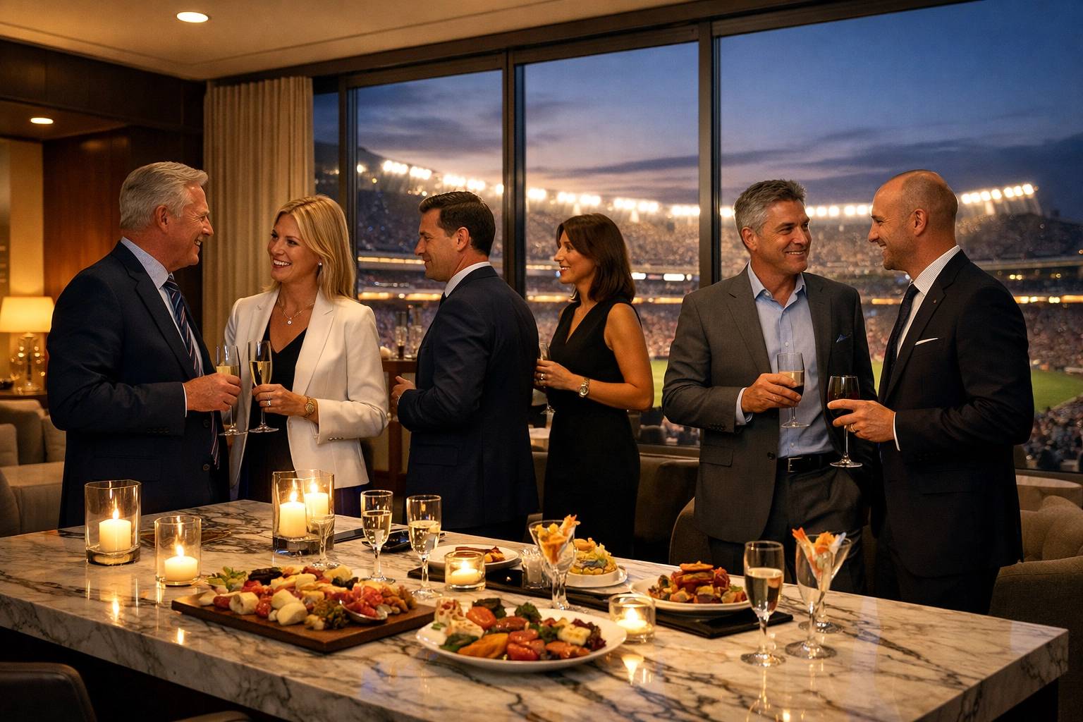 Executives networking in a luxury Super Bowl corporate hospitality suite overlooking the stadium.
