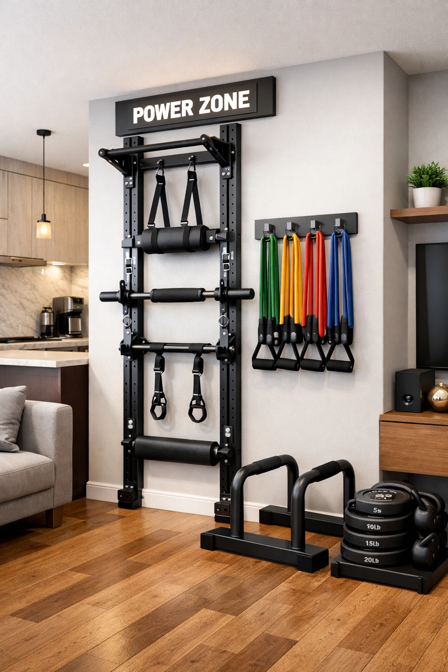 Compact home gym setup with resistance rail, parallettes, and bands for a versatile full body workout.