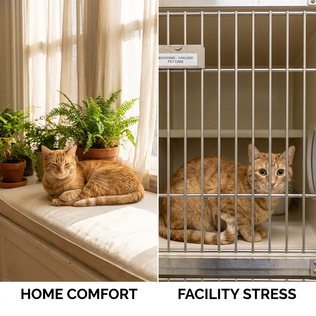 Split image of an Oakland cat relaxing at home versus looking anxious in a boarding facility, highlighting stress differences in cat care options.