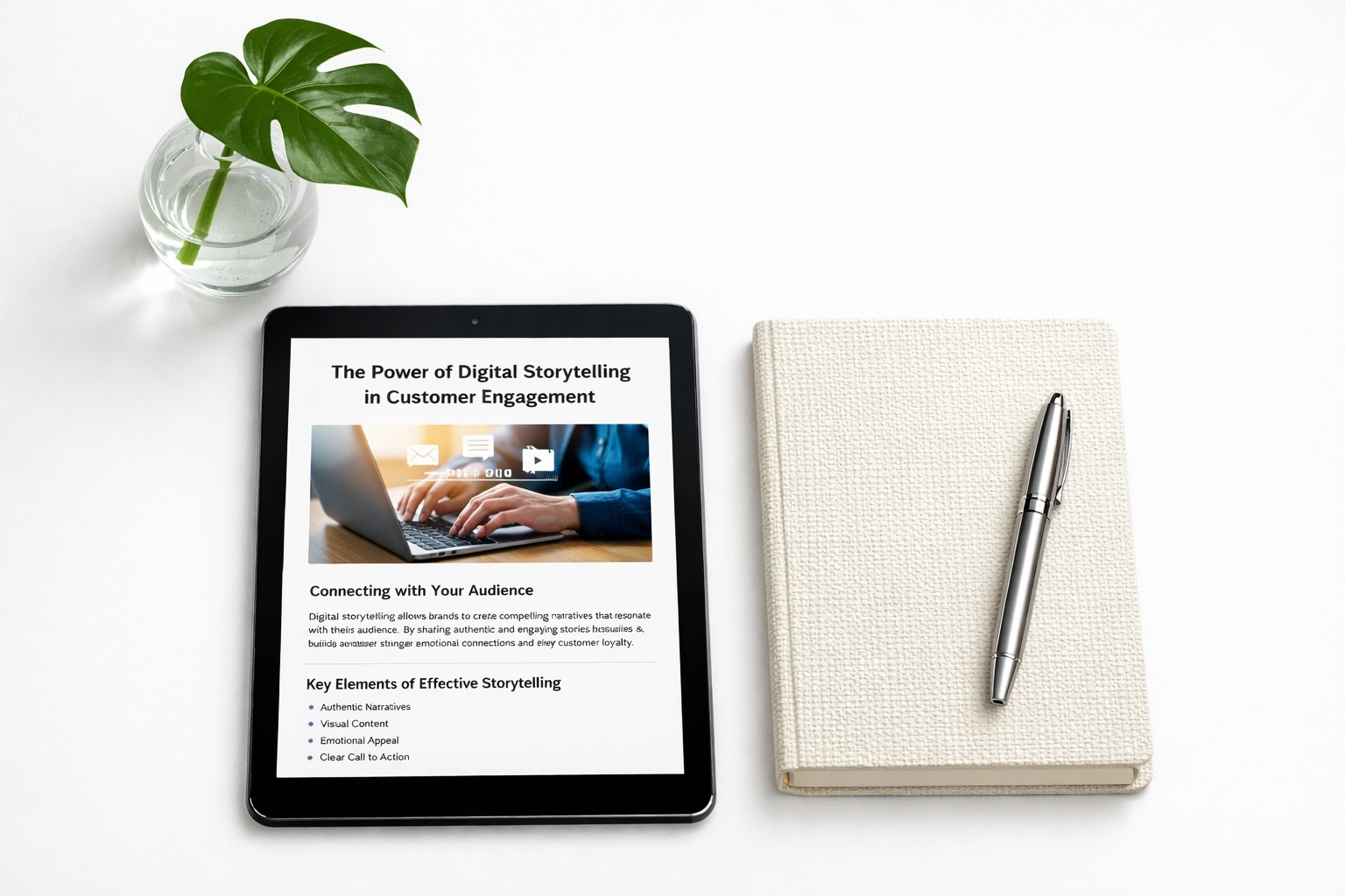 A digital tablet showing a blog article next to a notebook, representing a local business content strategy.