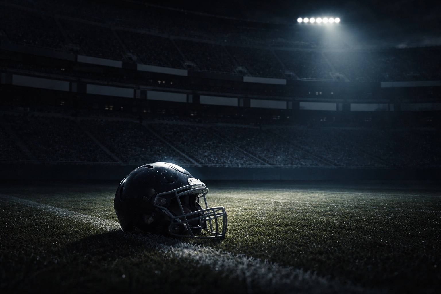 Football helmet on dark stadium field at dusk reflects Kamo'i Latu's NIL brand value risk and UConn Moneyball strategy