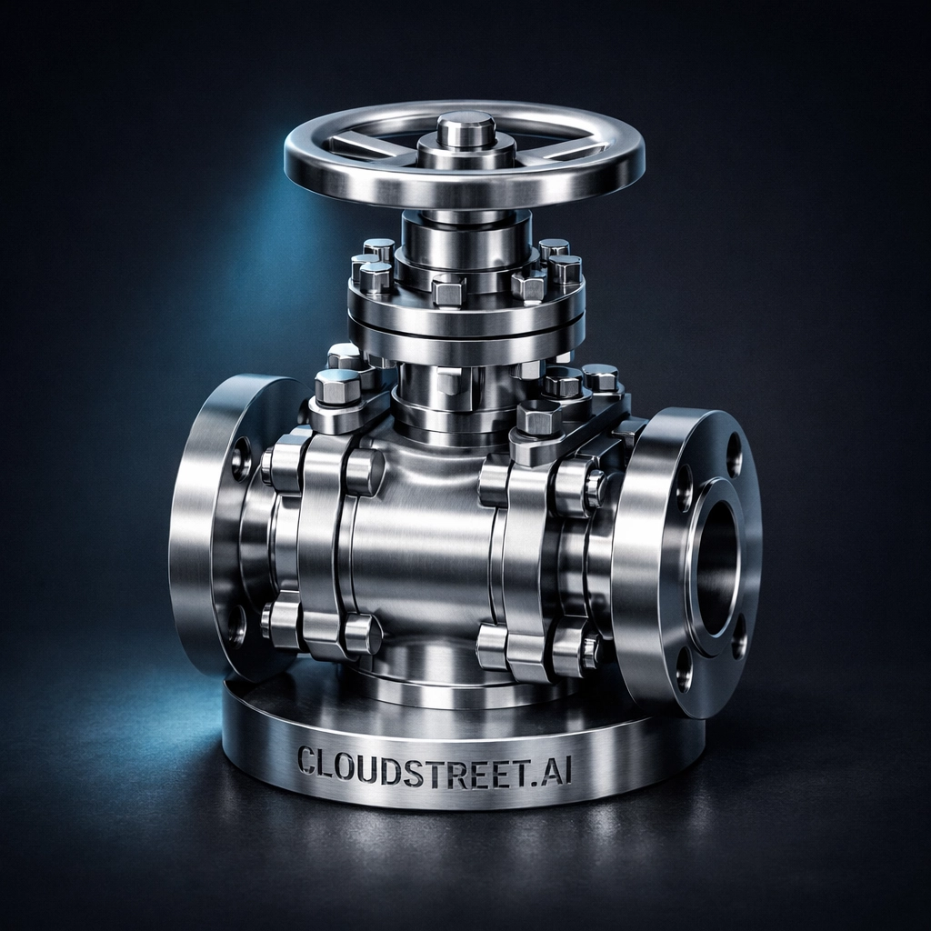 Precision industrial valve highlighted on a dark background representing fast B2B product discovery.