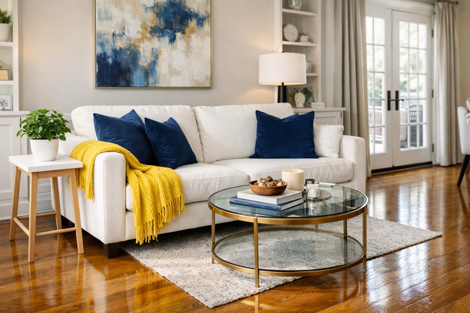 Clean and tranquil Cambridge living room featuring polished hardwood floors and eco-friendly maid service results.