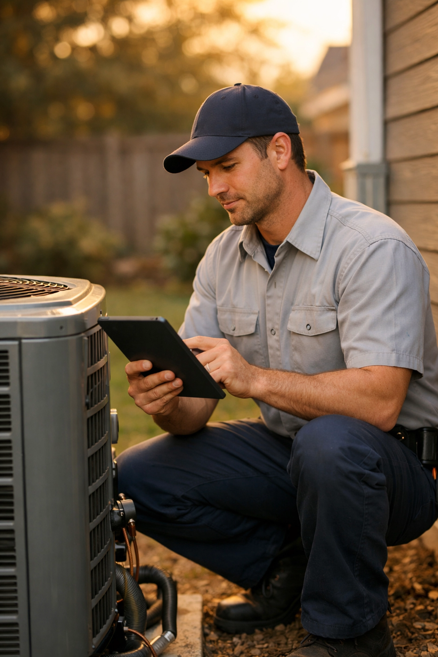HVAC technician inspecting outdoor AC unit with digital tablet