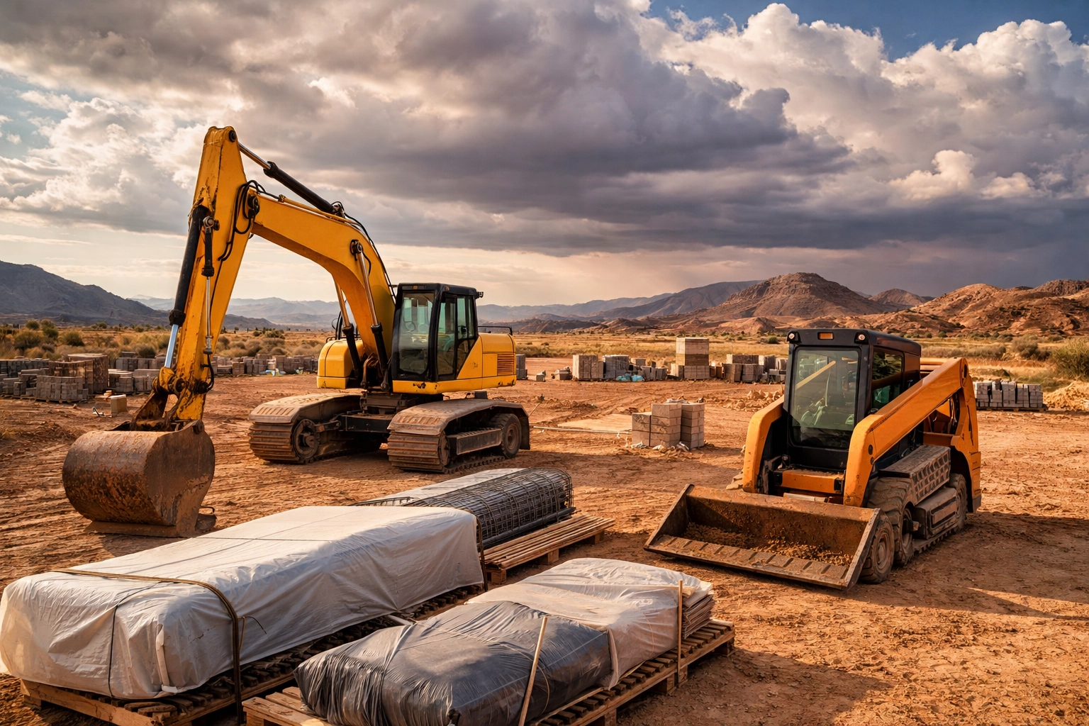 Construction site with heavy equipment and materials showcases inland marine insurance coverage for job site assets