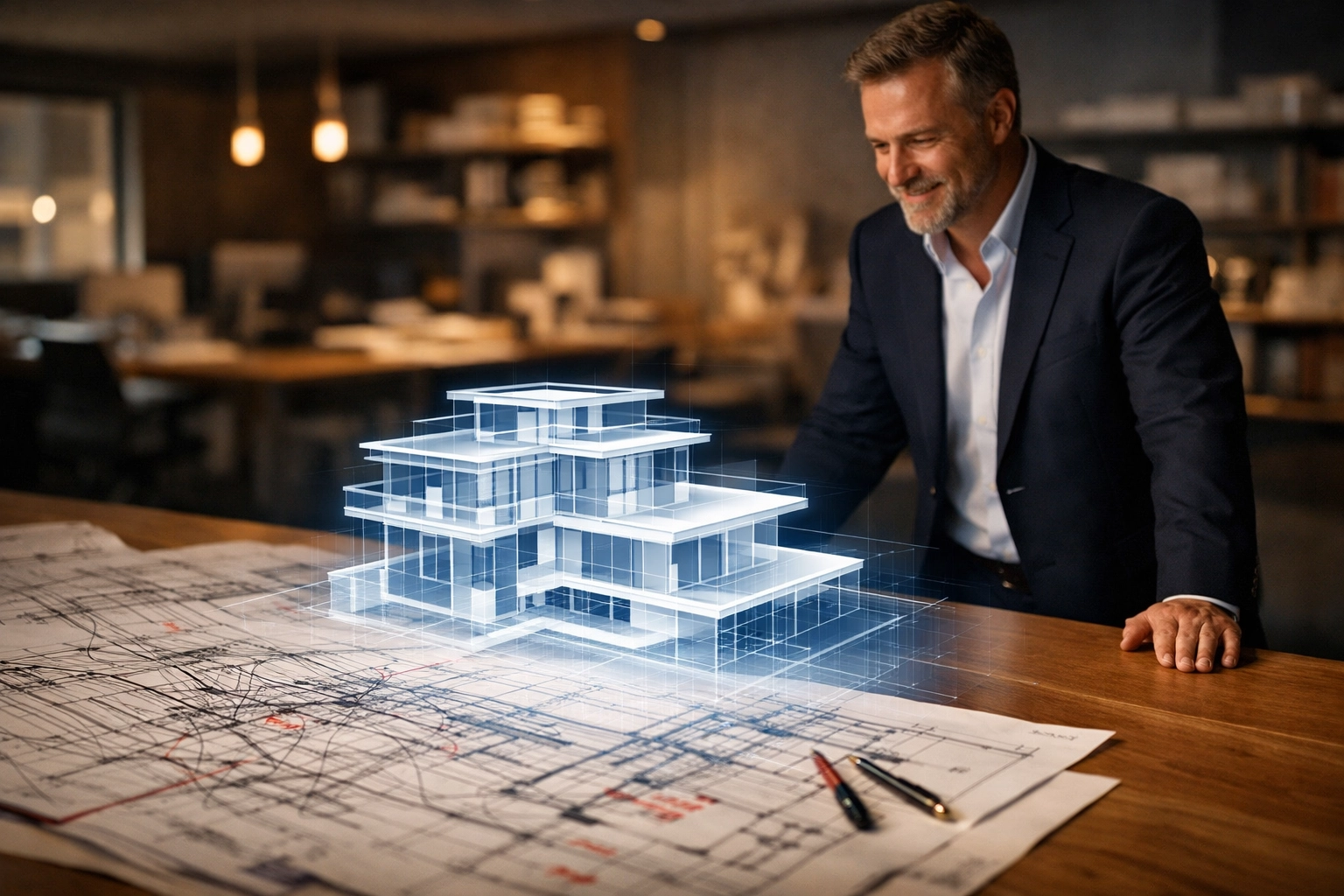 CEO relieved as digital projection overlays complex blueprints, representing streamlined AI agent deployment.
