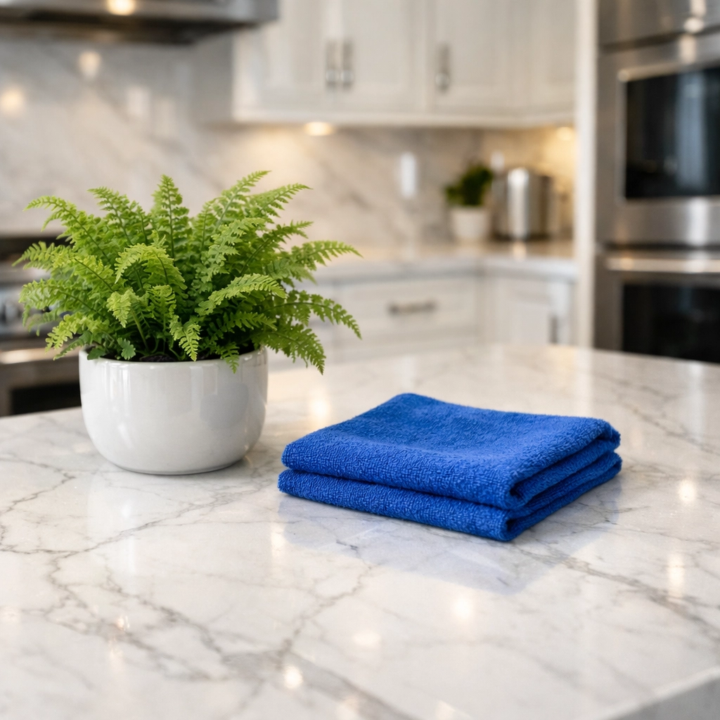 Spotless white quartz kitchen island showcasing eco-friendly luxury house cleaning in Norwell.