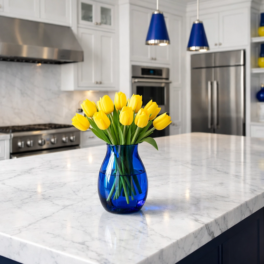 Spotless luxury kitchen in Lynnfield with a white marble island reflecting professional cleaning standards.