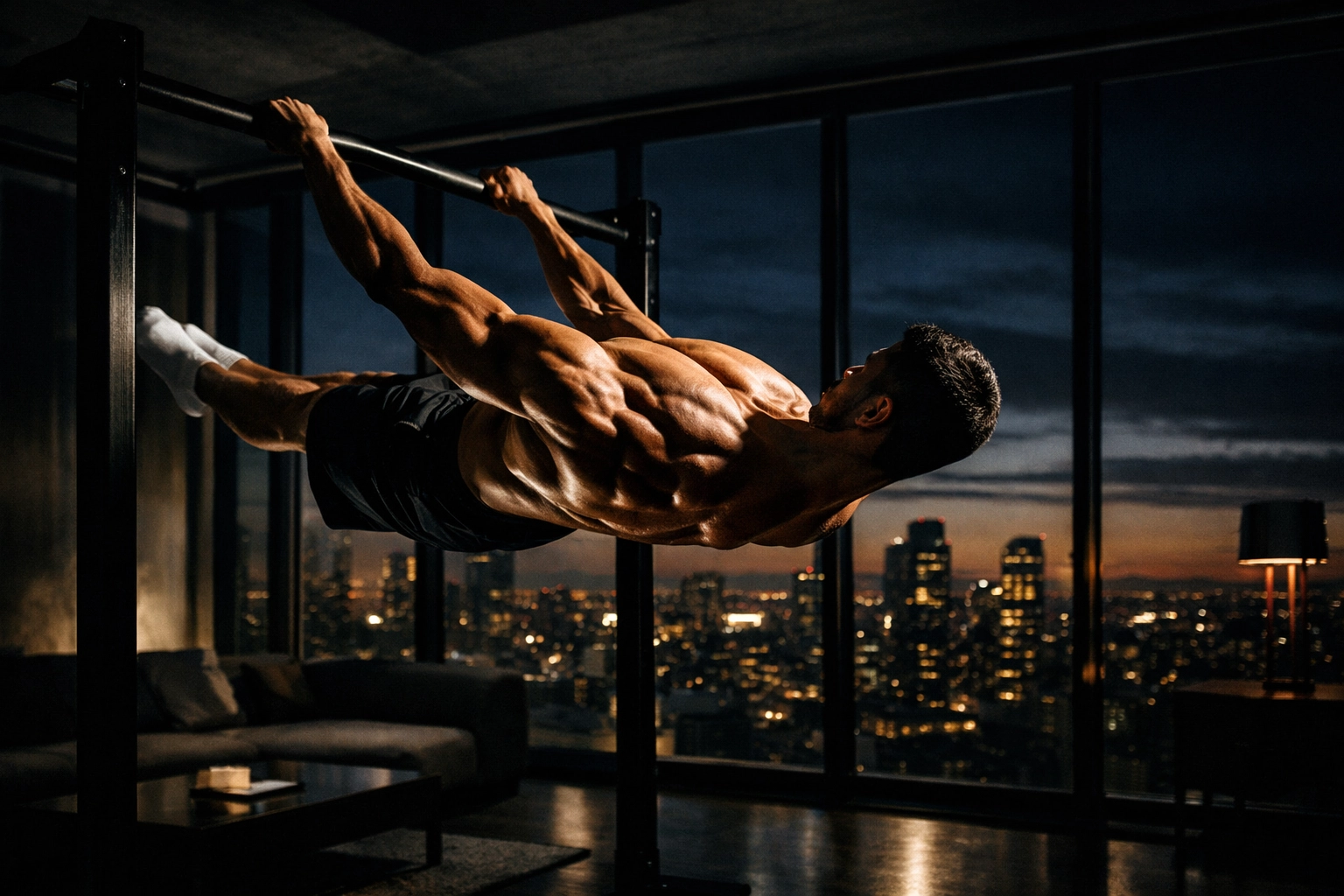 Athlete performing a front lever for a full body workout at home using bodyweight training.