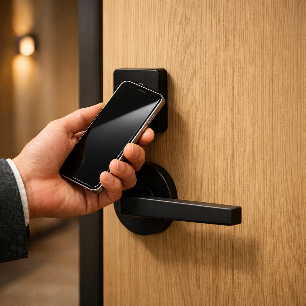 Guest using a mobile digital key for keyless entry at a modern hotel room door.