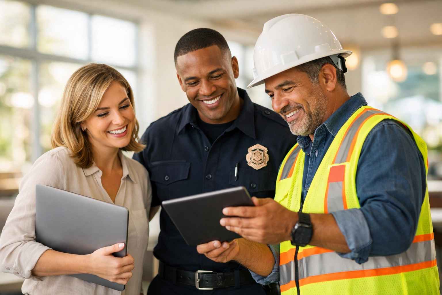 Arizona teacher, firefighter, and utility worker collaborating on workforce housing and employee benefits.