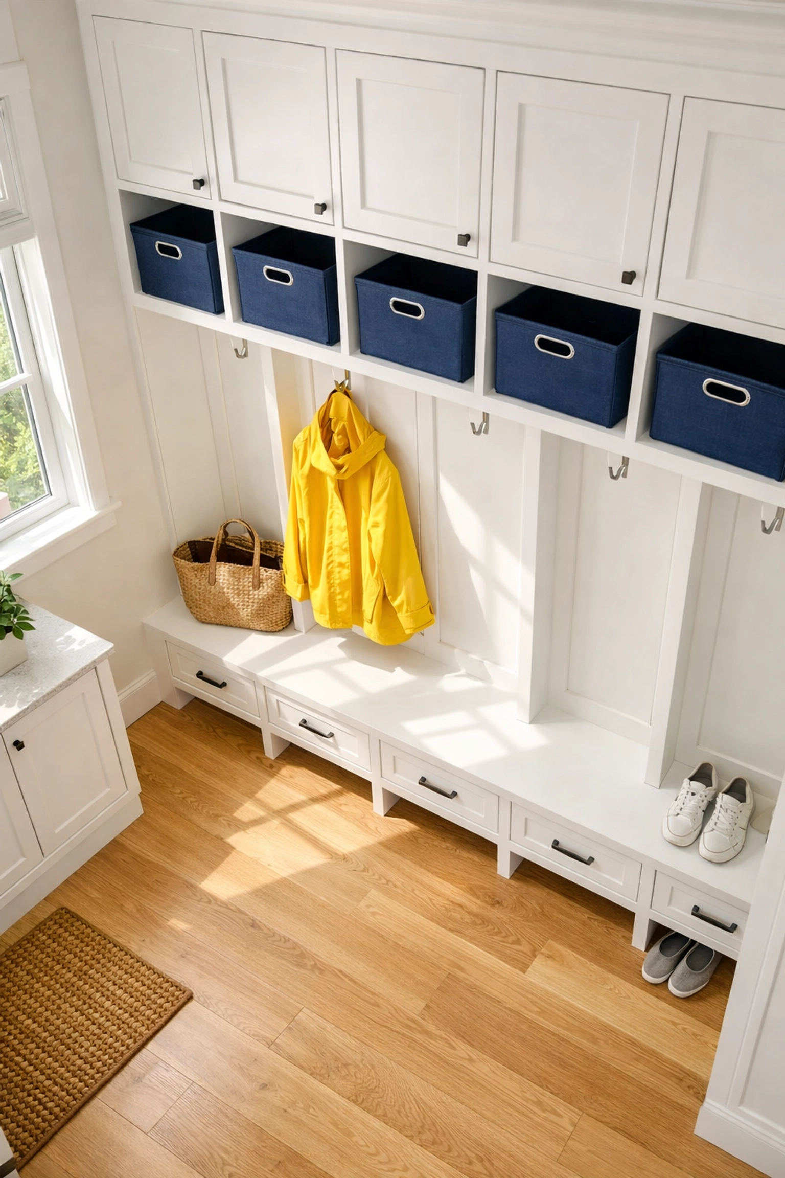 Organized mudroom with spotless floors in a Southborough home prepared for professional deep cleaning.