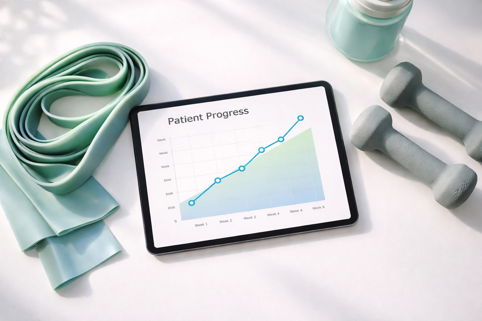 Tablet showing patient progress graph with resistance band and weights, symbolizing measurable improvement in SOAP note documentation.