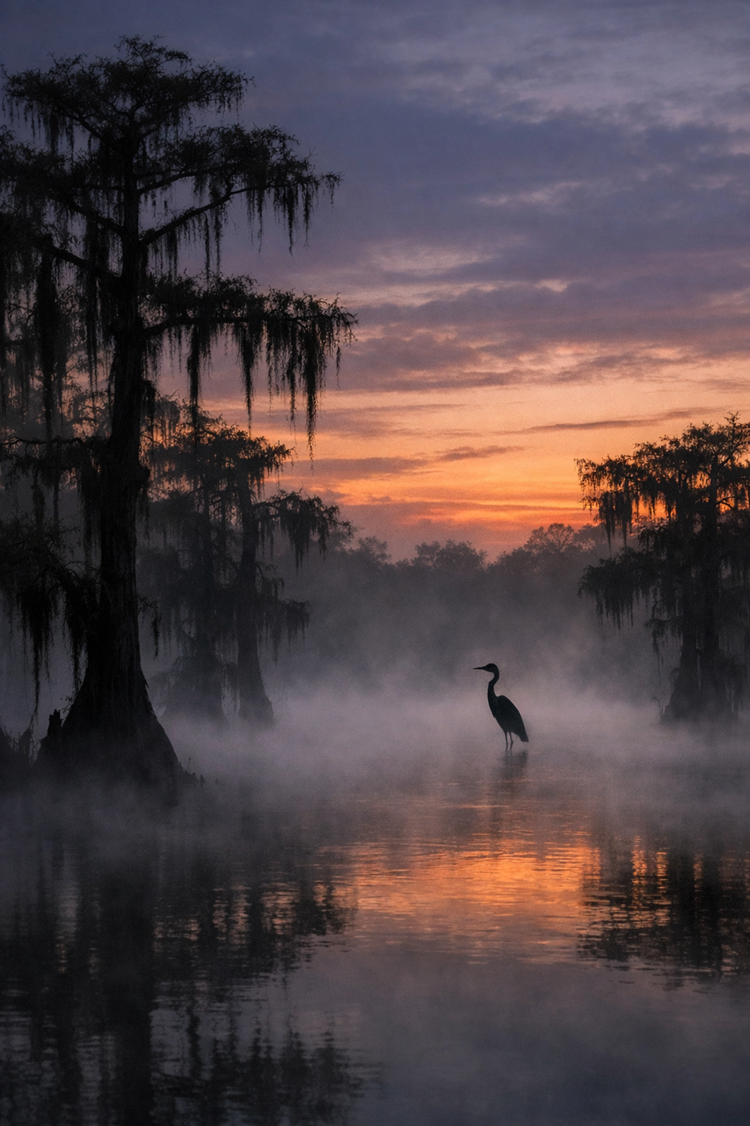 Misty sunrise in the Everglades with cypress trees and a silhouetted Great Blue Heron.