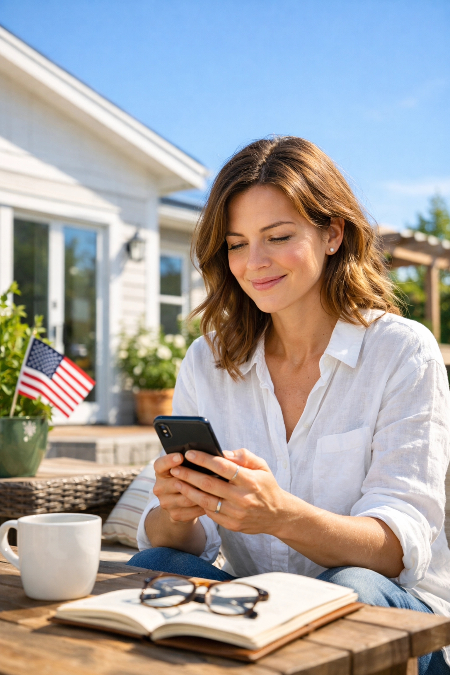 A patriot woman reads the Daily Letter on her phone during an inspired morning ritual on a sunny patio.