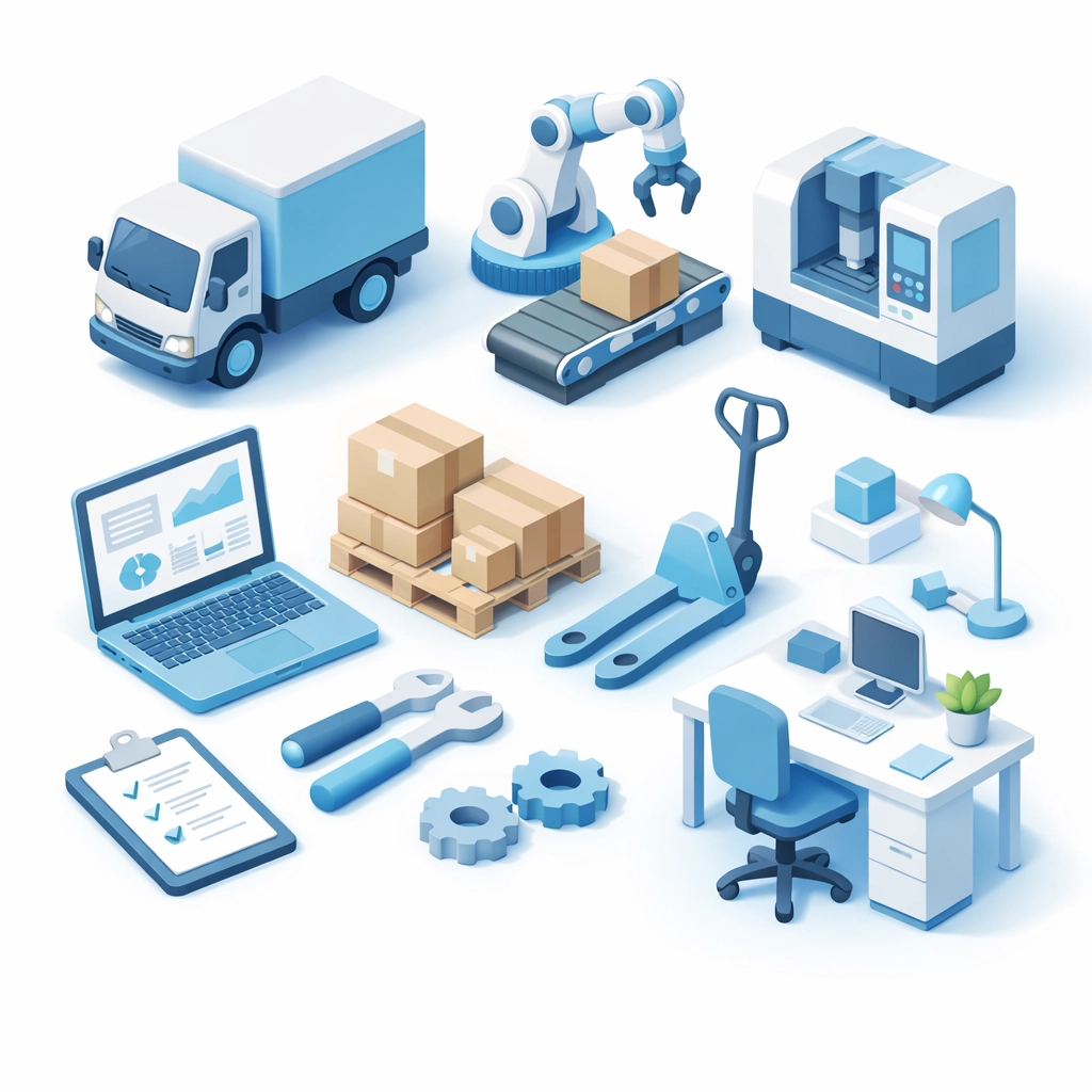 Various business equipment including trucks, computers, and machinery eligible for financing