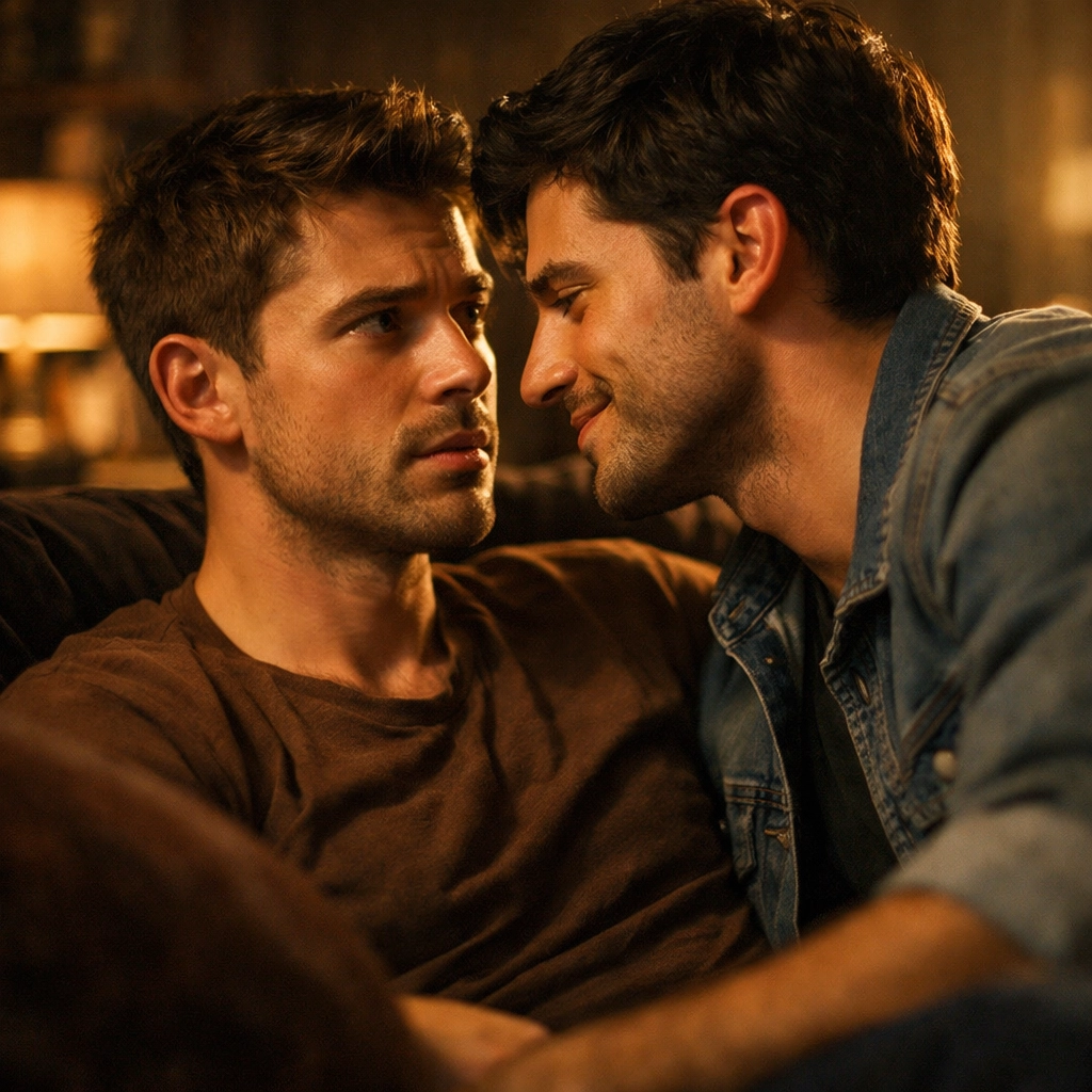 Two men sharing a tense, romantic moment on a sofa, depicting a gay awakening in MM romance.