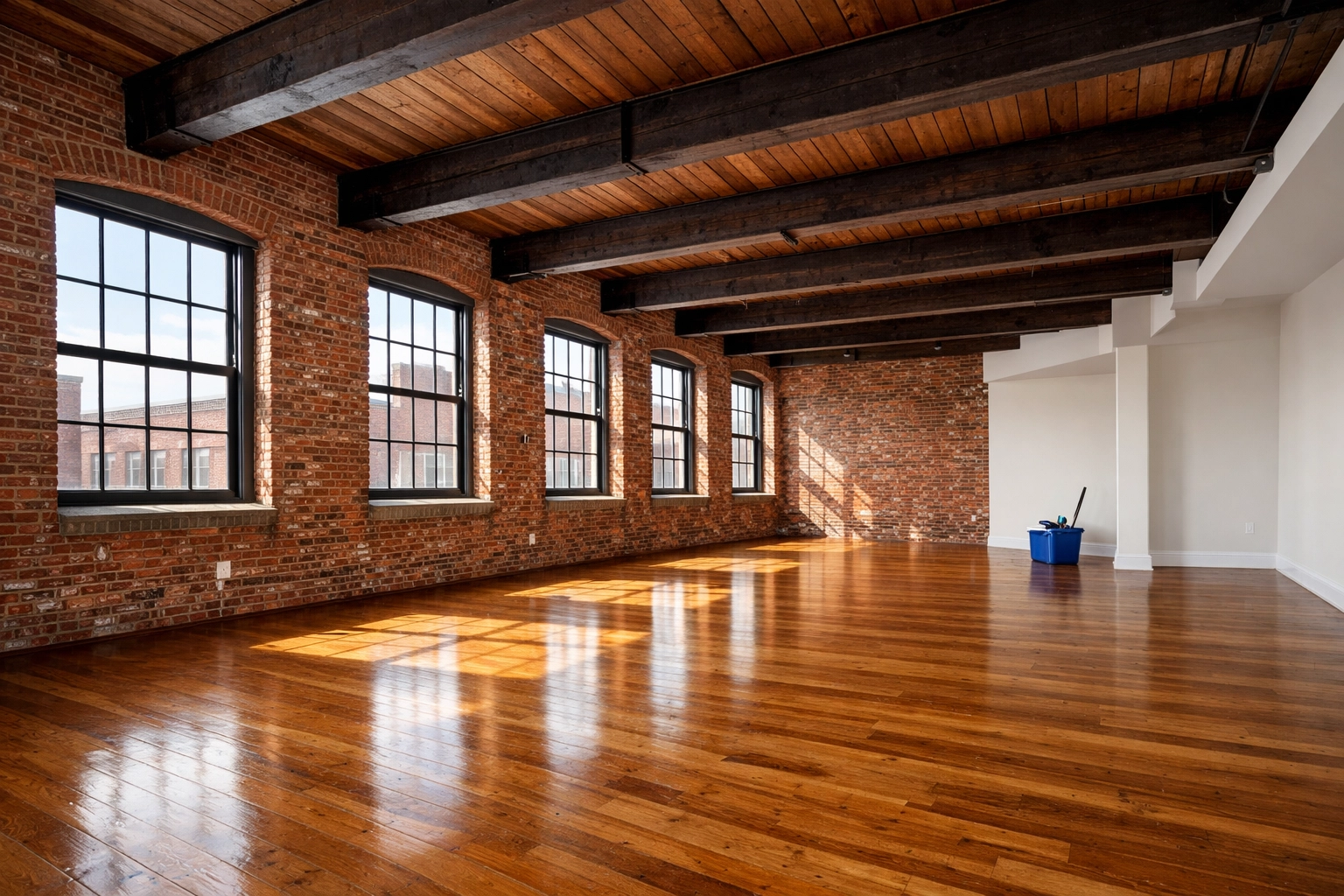Pristine Lowell mill loft with brick walls and beams after professional move-in/move-out cleaning Lowell.