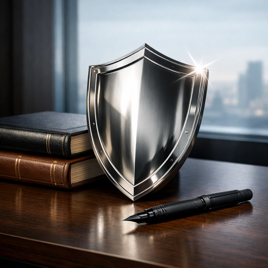 Metallic shield and tactical pen representing the shield of protection and sword of growth in a financial strategy.