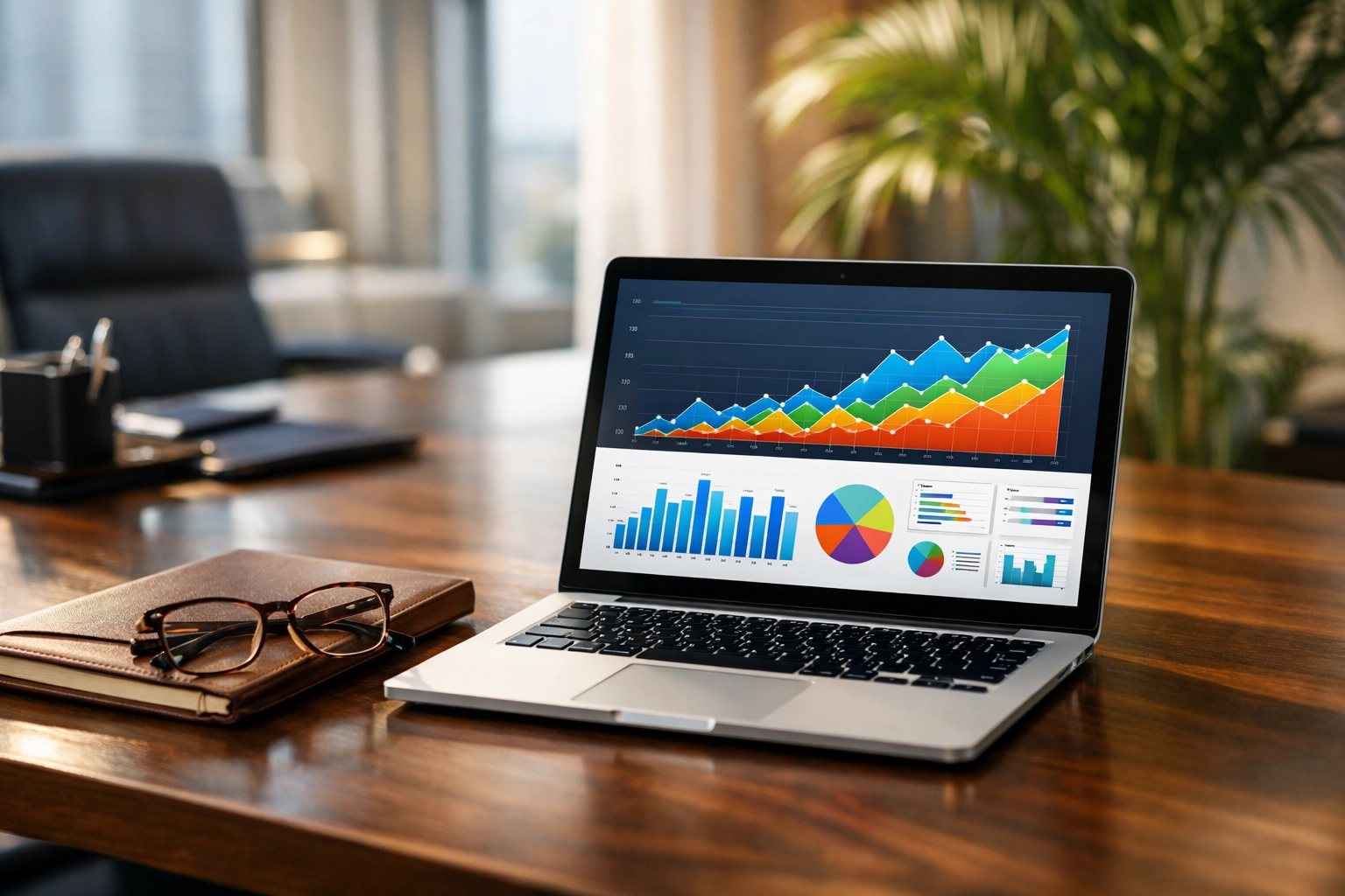 Business owner tracking financial growth and business value on a laptop dashboard in a Florida office.