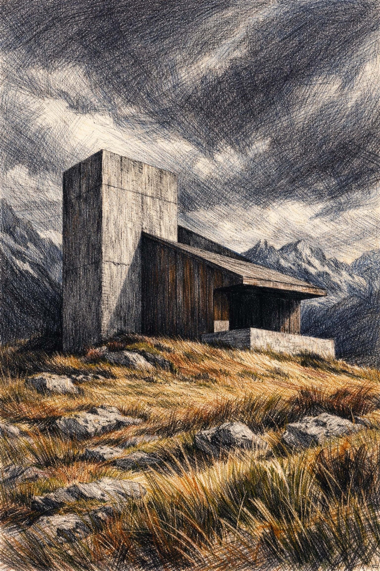 Minimalist concrete and timber building in a landscape, a model for sustainable hotel architecture.