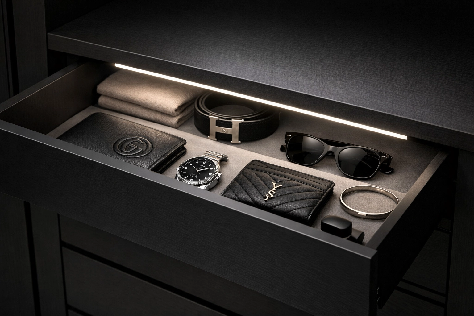 Custom LED lighting providing a soft glow inside a luxury closet accessory drawer.