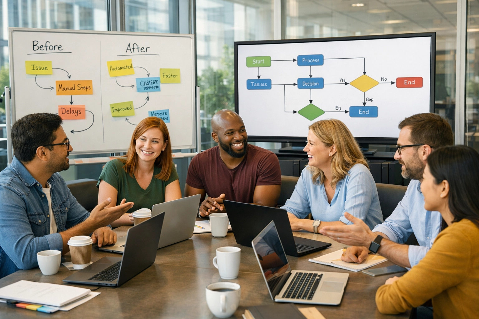 ServiceNow ITSM process discovery workshop with IT team mapping workflows on whiteboard