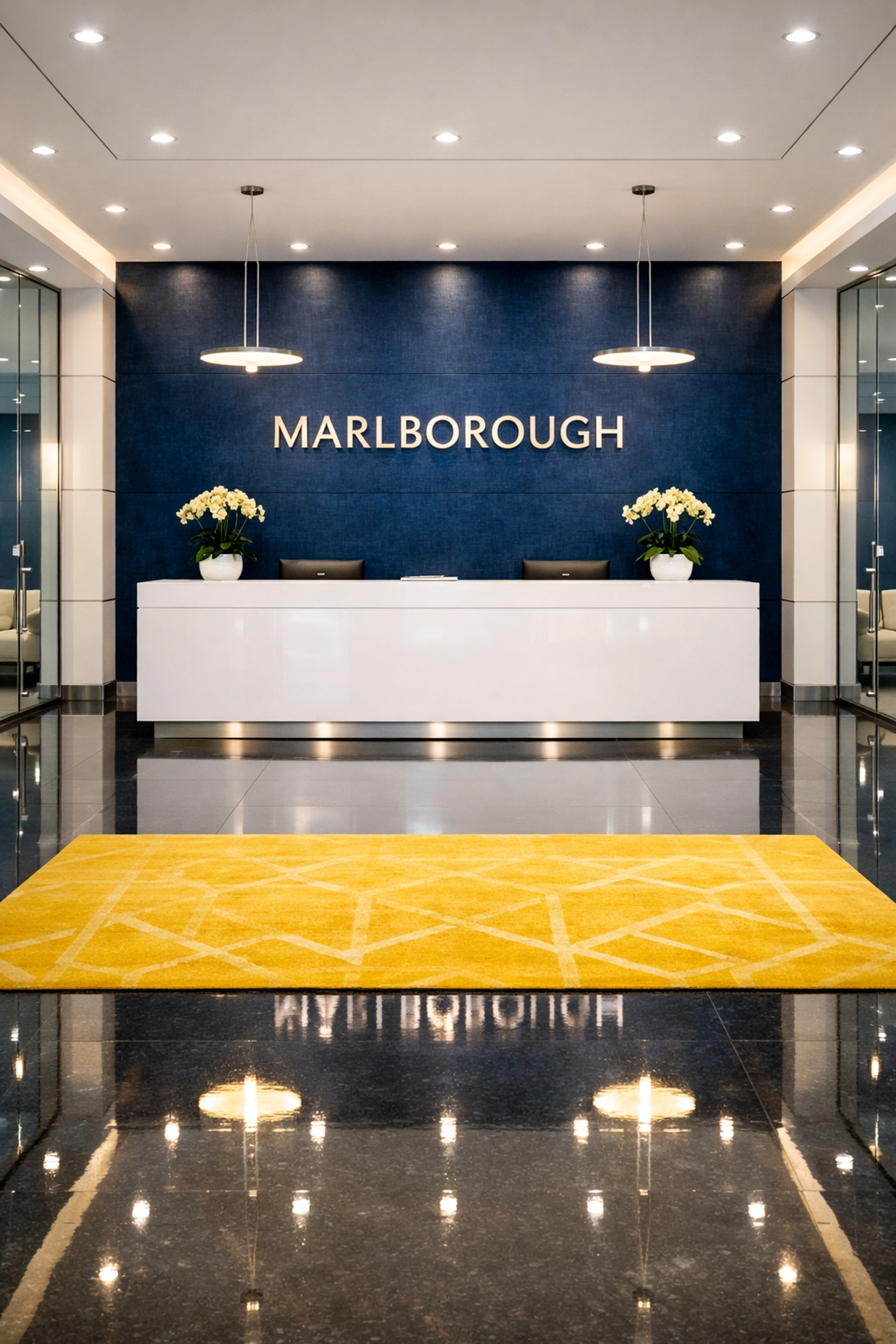 A sparkling clean and organized office lobby in Marlborough after a professional cleaning service.