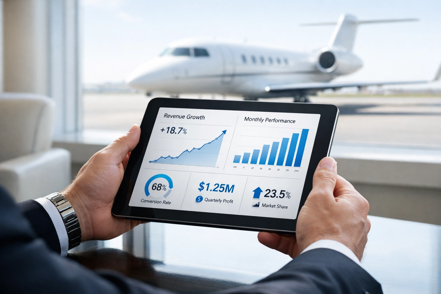 Executive reviewing business ROI on a tablet in a private jet lounge after a Super Bowl hosting event.