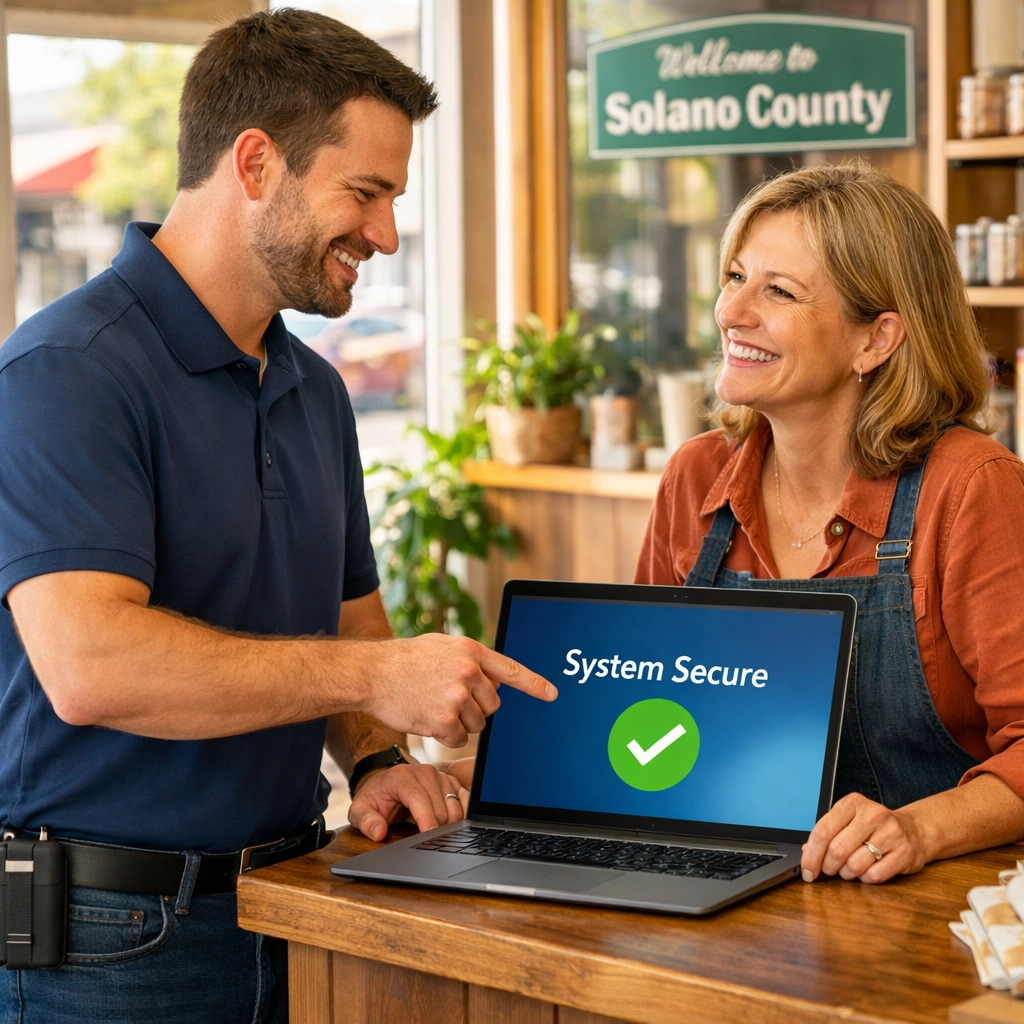 A local IT consultant in Solano County helping a business owner verify their network security on a laptop.