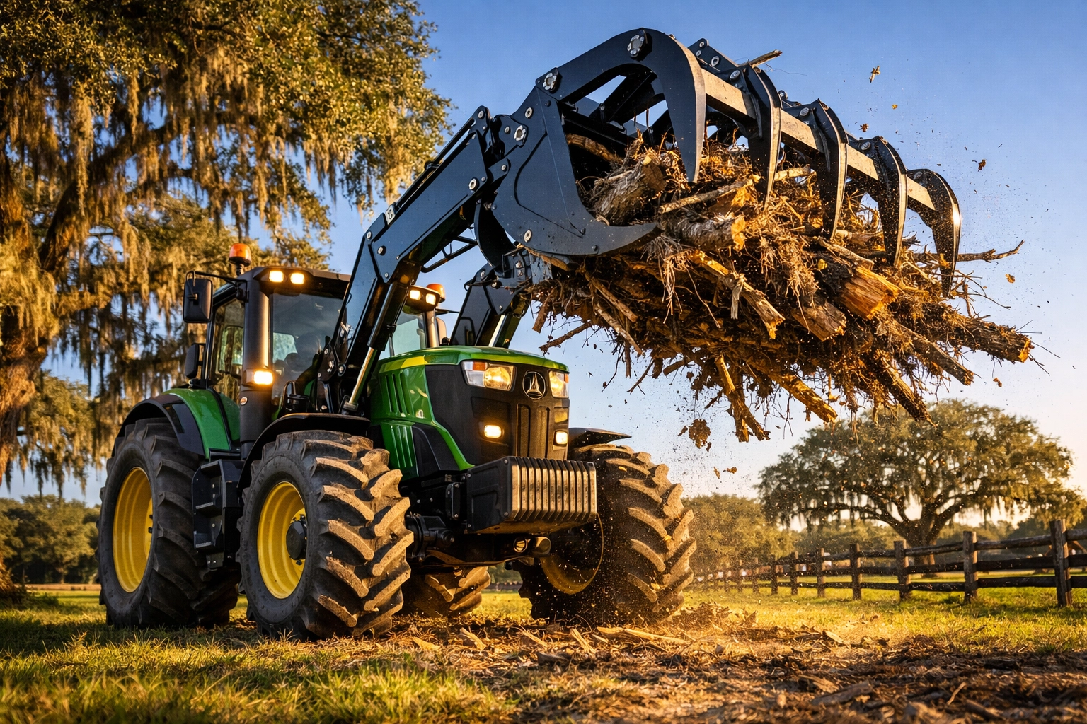 Tractor with a heavy-duty grapple attachment clearing brush and logs in a scenic Ocala Florida pasture.
