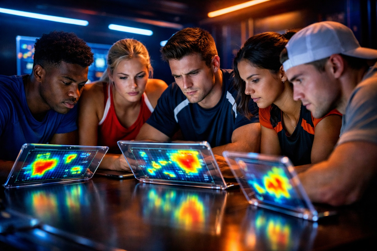 Collegiate athletes in a high-tech studio discussing digital branding and Super Bowl NIL opportunities.