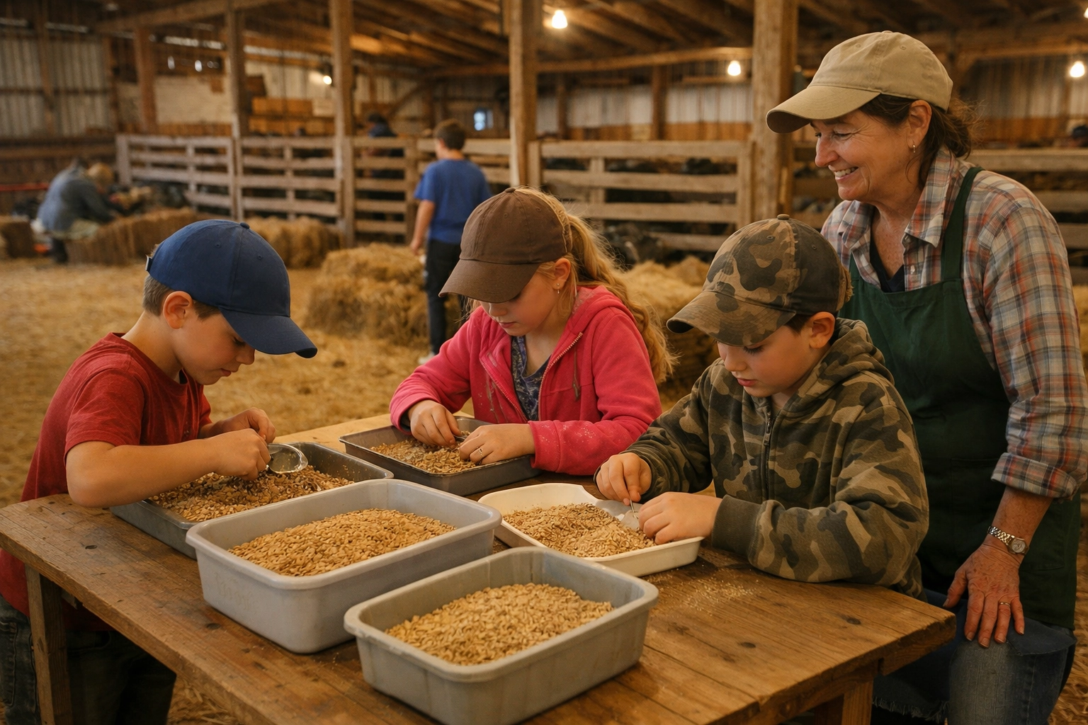Child interacting with a tactile agricultural education display inside a Canadian fair barn.