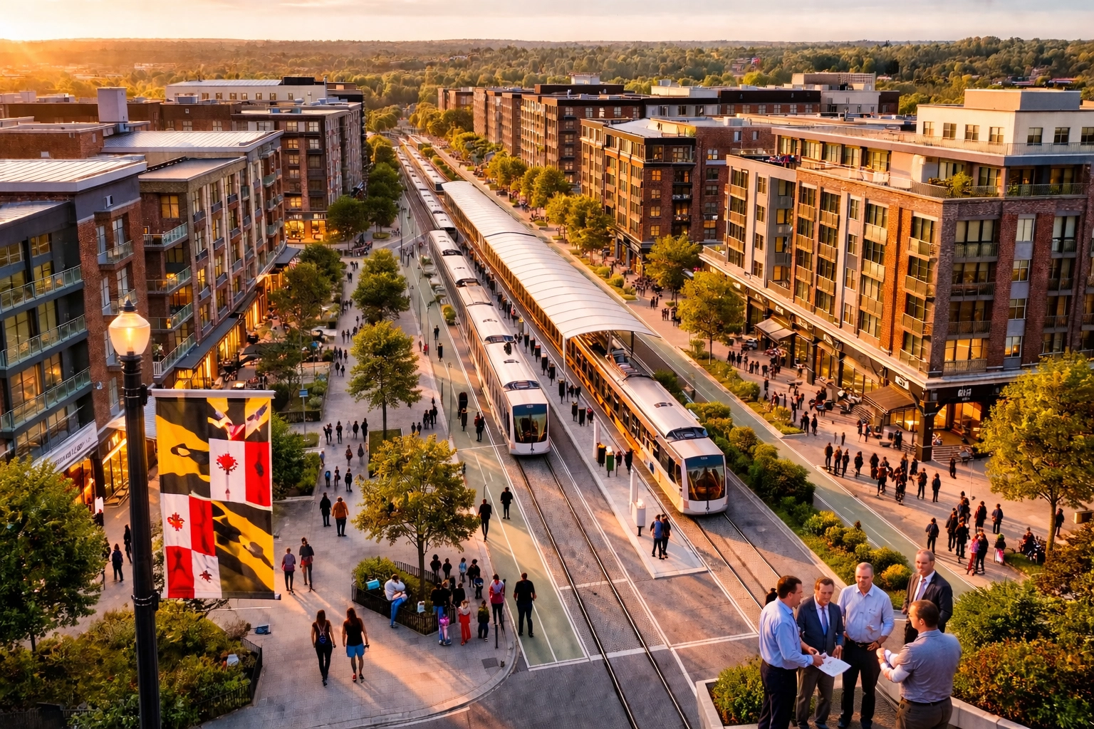 Aerial view of Baltimore transit-oriented housing development with light rail, apartments, and green spaces.