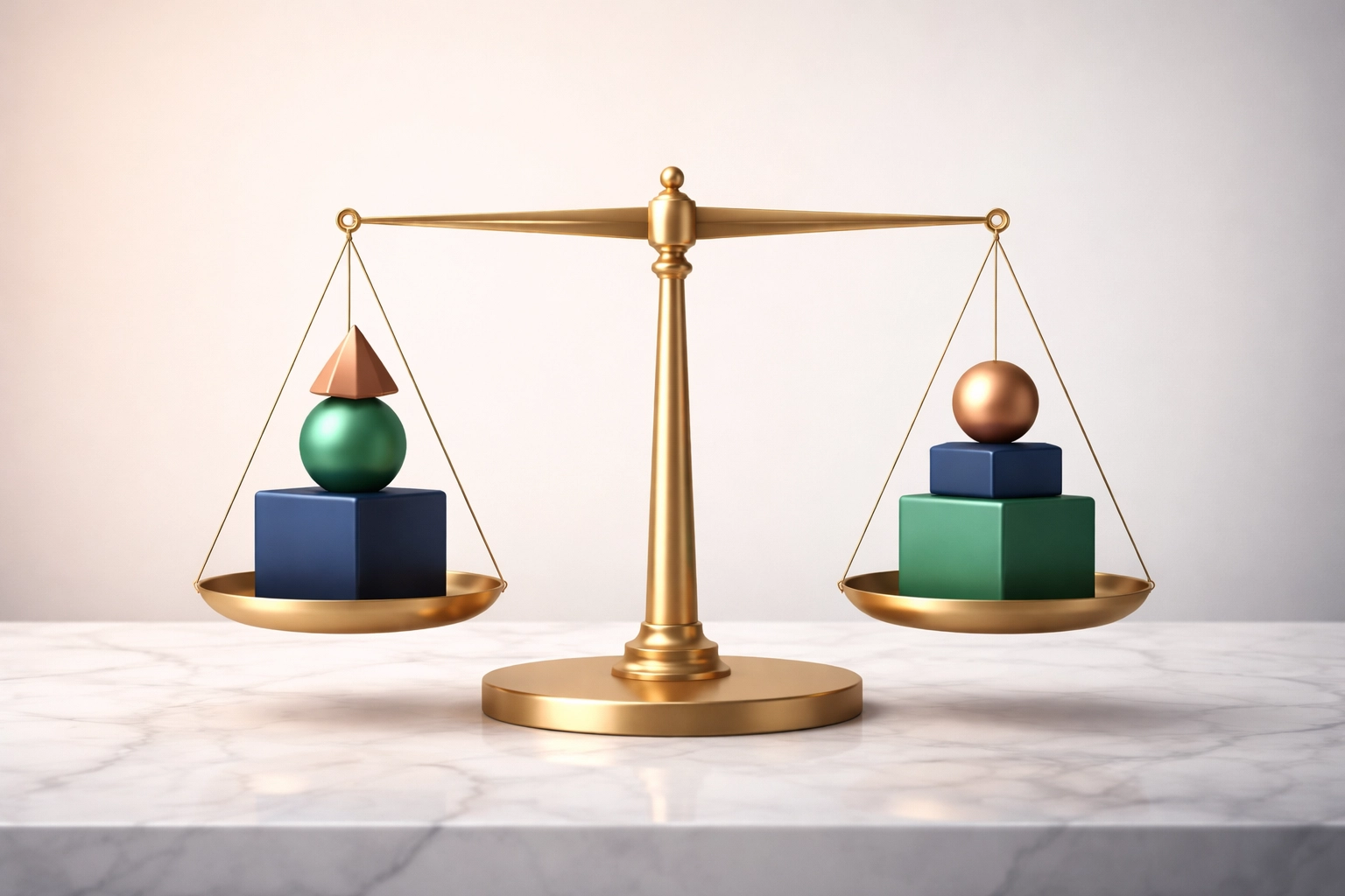 Balanced scale with geometric shapes representing diversified hedge fund allocation strategies for accredited investors.